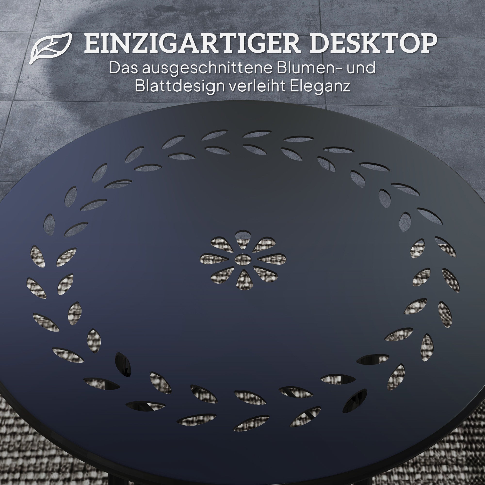 Garden Table Ø40 x 50cm, Weatherproof Steel Patio Table with Flower Design Protective Feet, Round Dining Table Outdoor, Camping Table Patio Table for Garden Terrace Balcony Black