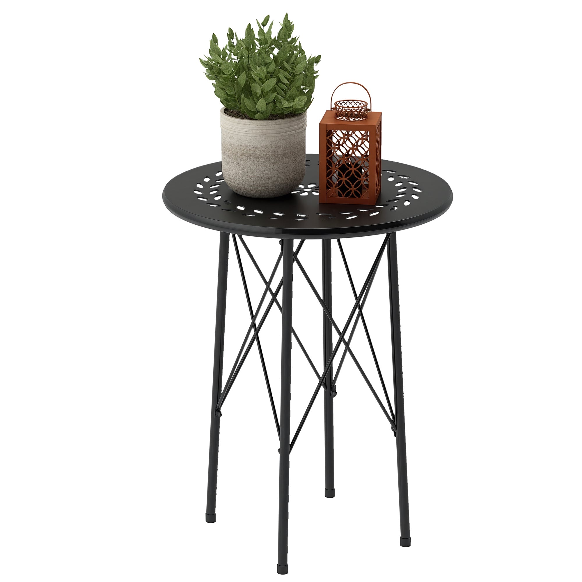 Garden Table Ø40 x 50cm, Weatherproof Steel Patio Table with Flower Design Protective Feet, Round Dining Table Outdoor, Camping Table Patio Table for Garden Terrace Balcony Black