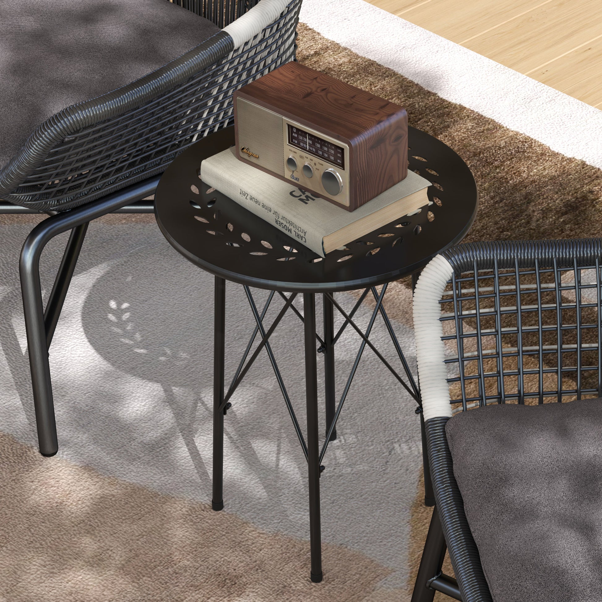Garden Table Ø40 x 50cm, Weatherproof Steel Patio Table with Flower Design Protective Feet, Round Dining Table Outdoor, Camping Table Patio Table for Garden Terrace Balcony Black