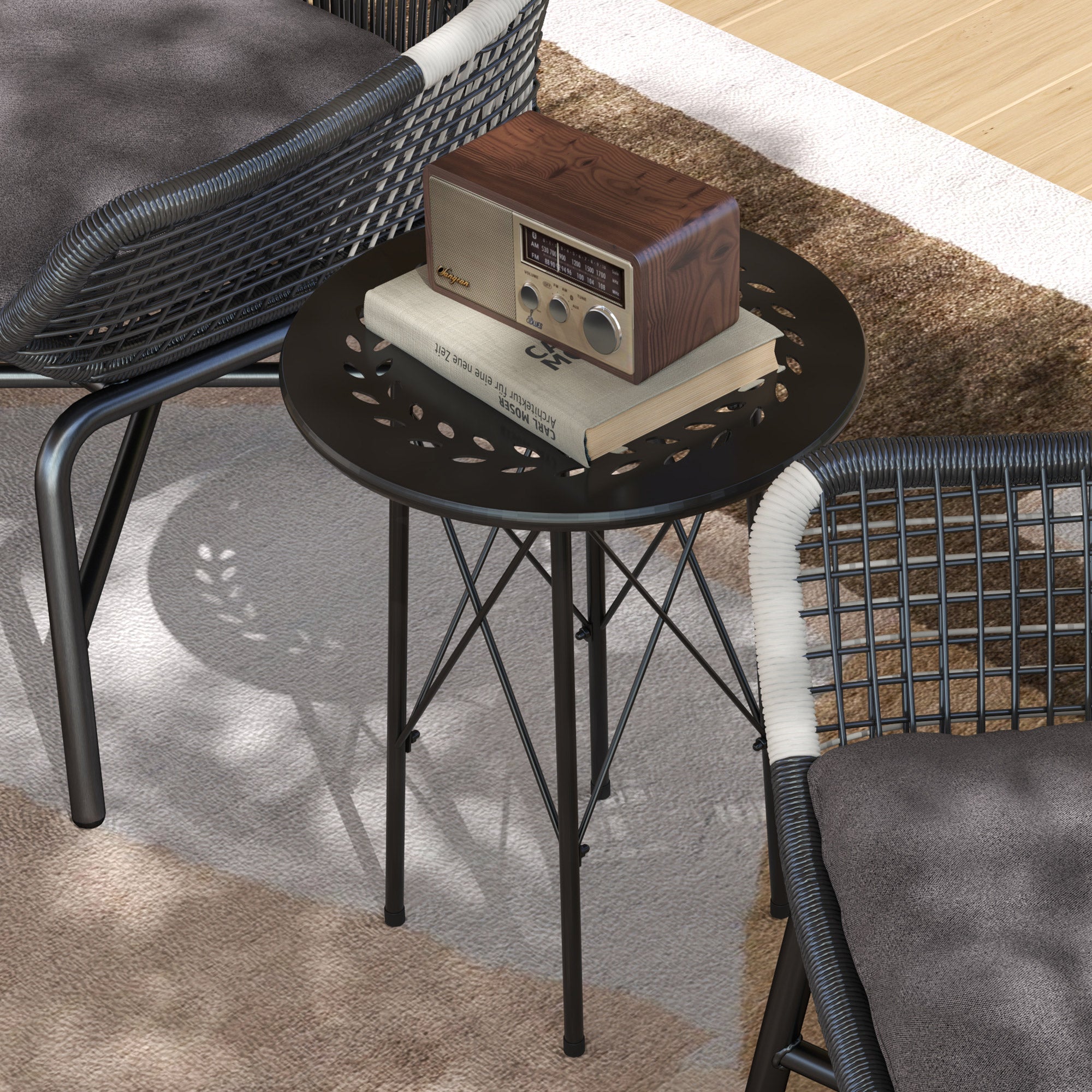 Garden Table Ø40 x 50cm, Weatherproof Steel Patio Table with Flower Design Protective Feet, Round Dining Table Outdoor, Camping Table Patio Table for Garden Terrace Balcony Black