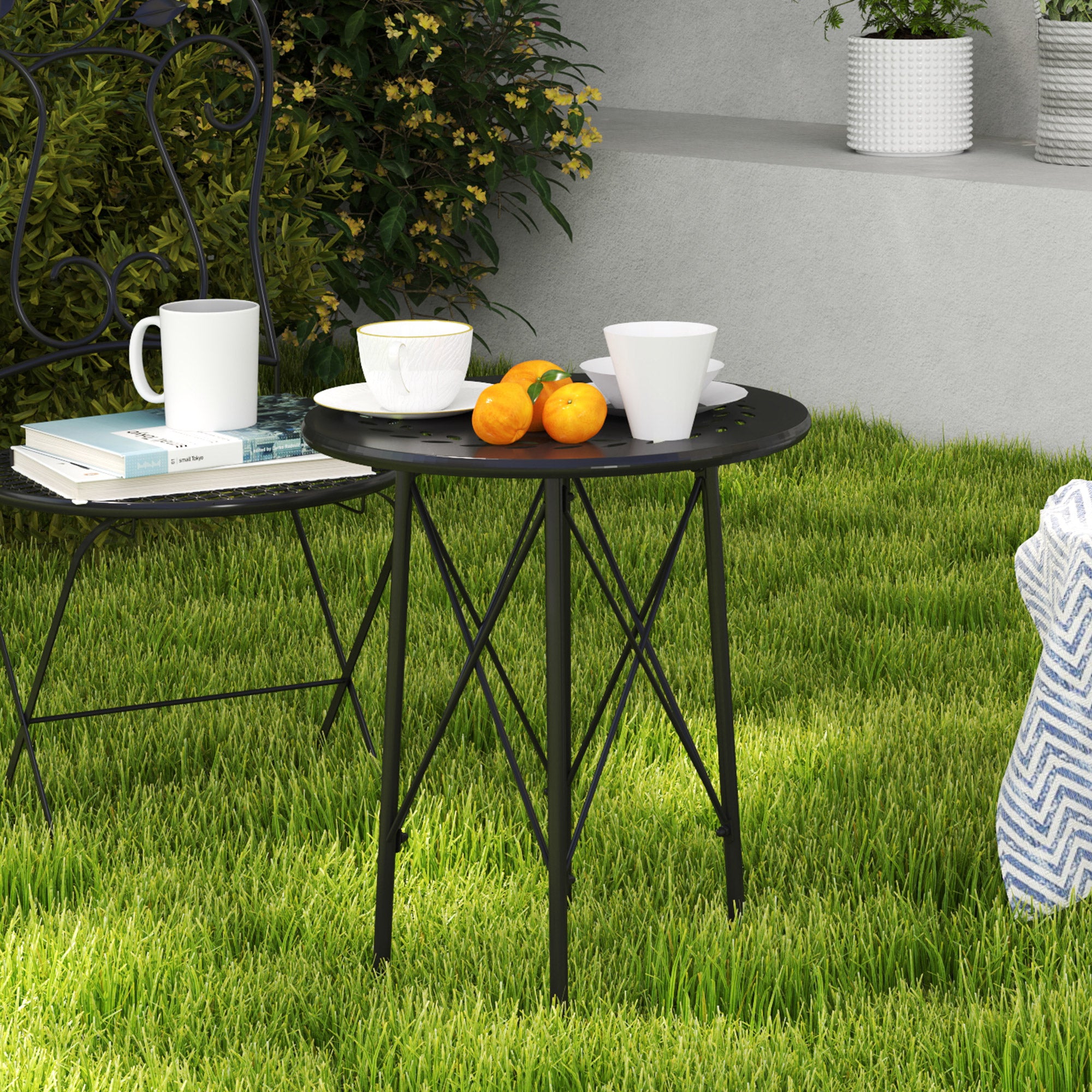 Garden Table Ø40 x 50cm, Weatherproof Steel Patio Table with Flower Design Protective Feet, Round Dining Table Outdoor, Camping Table Patio Table for Garden Terrace Balcony Black