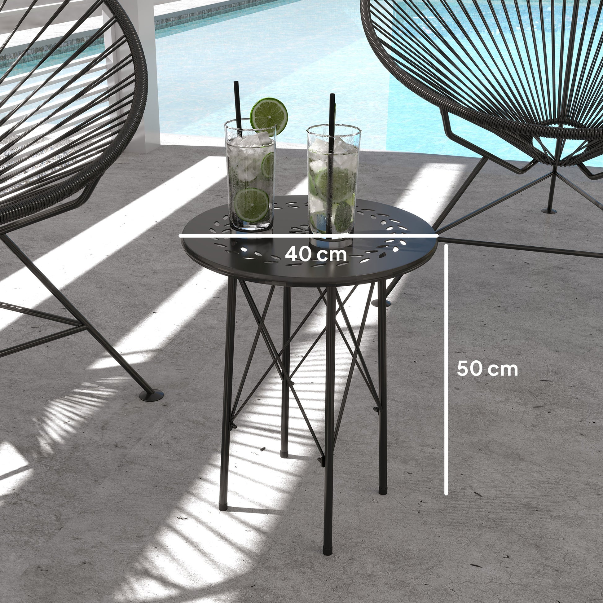 Garden Table Ø40 x 50cm, Weatherproof Steel Patio Table with Flower Design Protective Feet, Round Dining Table Outdoor, Camping Table Patio Table for Garden Terrace Balcony Black