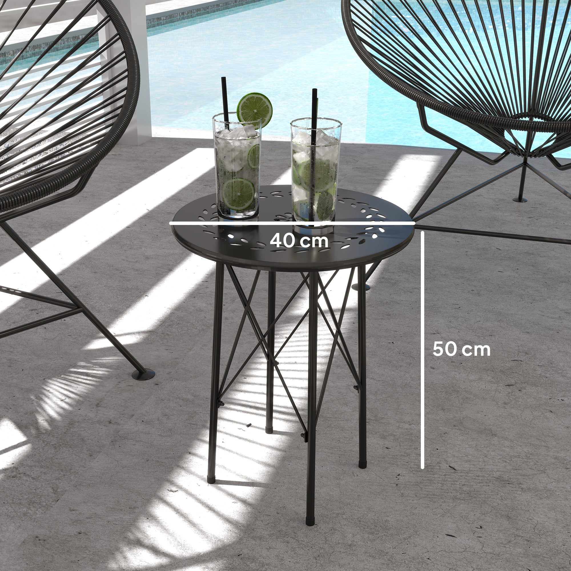Garden Table Ø40 x 50cm, Weatherproof Steel Patio Table with Flower Design Protective Feet, Round Dining Table Outdoor, Camping Table Patio Table for Garden Terrace Balcony Black