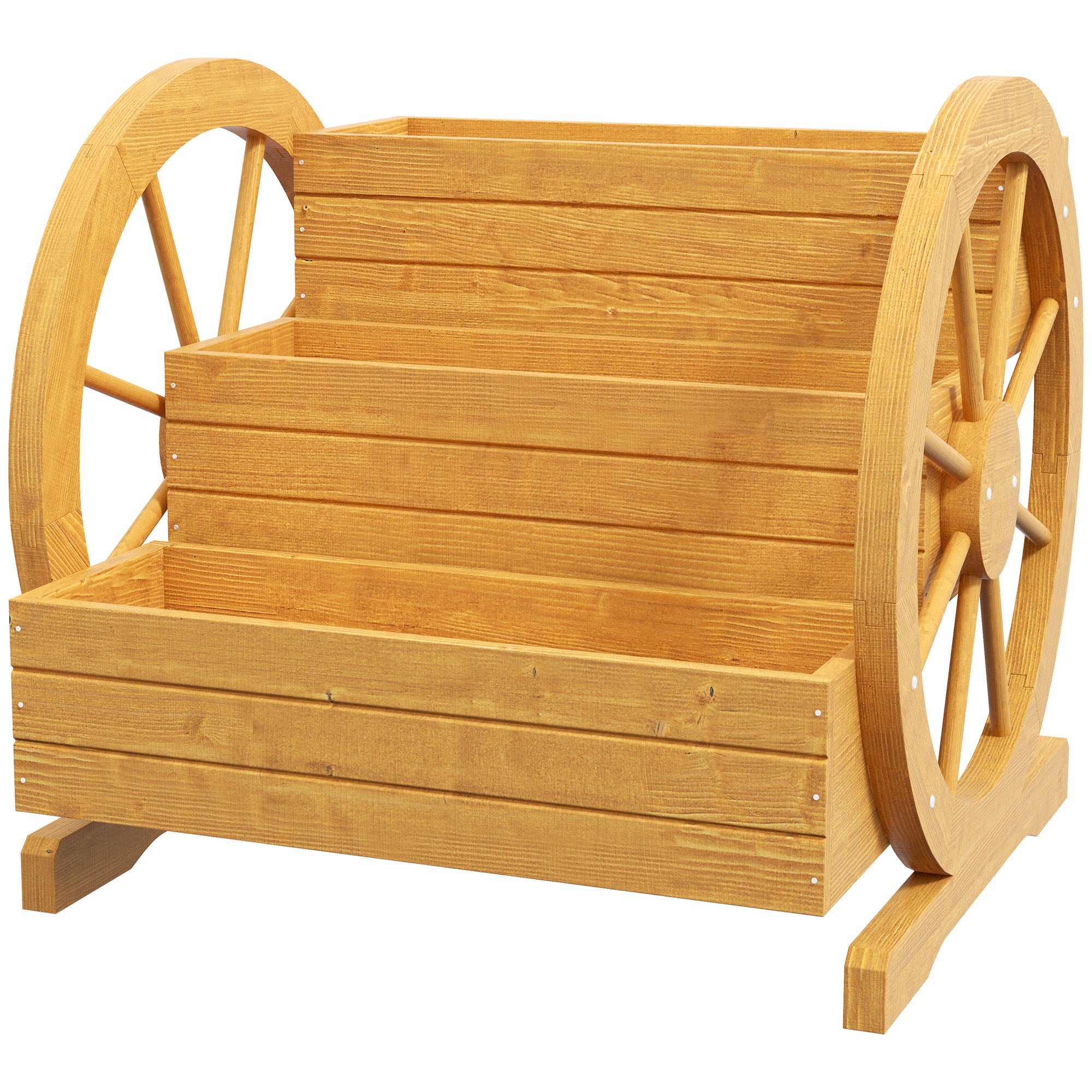 Wooden Raised Garden Bed, Planter Box with 3 Tiers, Vegetable Planter with Wagon Wheel Design, Herb Garden with Drainage Holes for Garden, Balcony, Teak, 61 x 62 x 57 cm