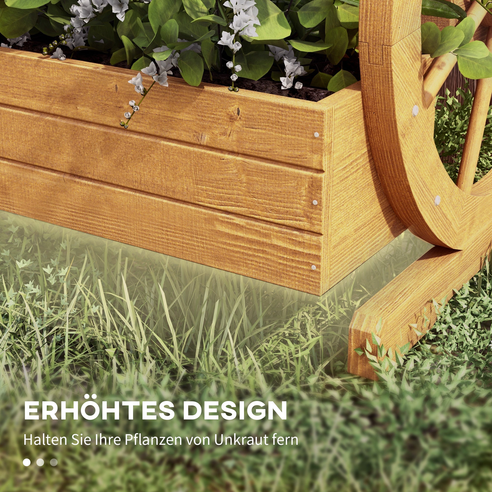 Wooden Raised Garden Bed, Planter Box with 3 Tiers, Vegetable Planter with Wagon Wheel Design, Herb Garden with Drainage Holes for Garden, Balcony, Teak, 61 x 62 x 57 cm