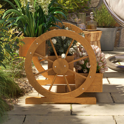 Wooden Raised Garden Bed, Planter Box with 3 Tiers, Vegetable Planter with Wagon Wheel Design, Herb Garden with Drainage Holes for Garden, Balcony, Teak, 61 x 62 x 57 cm