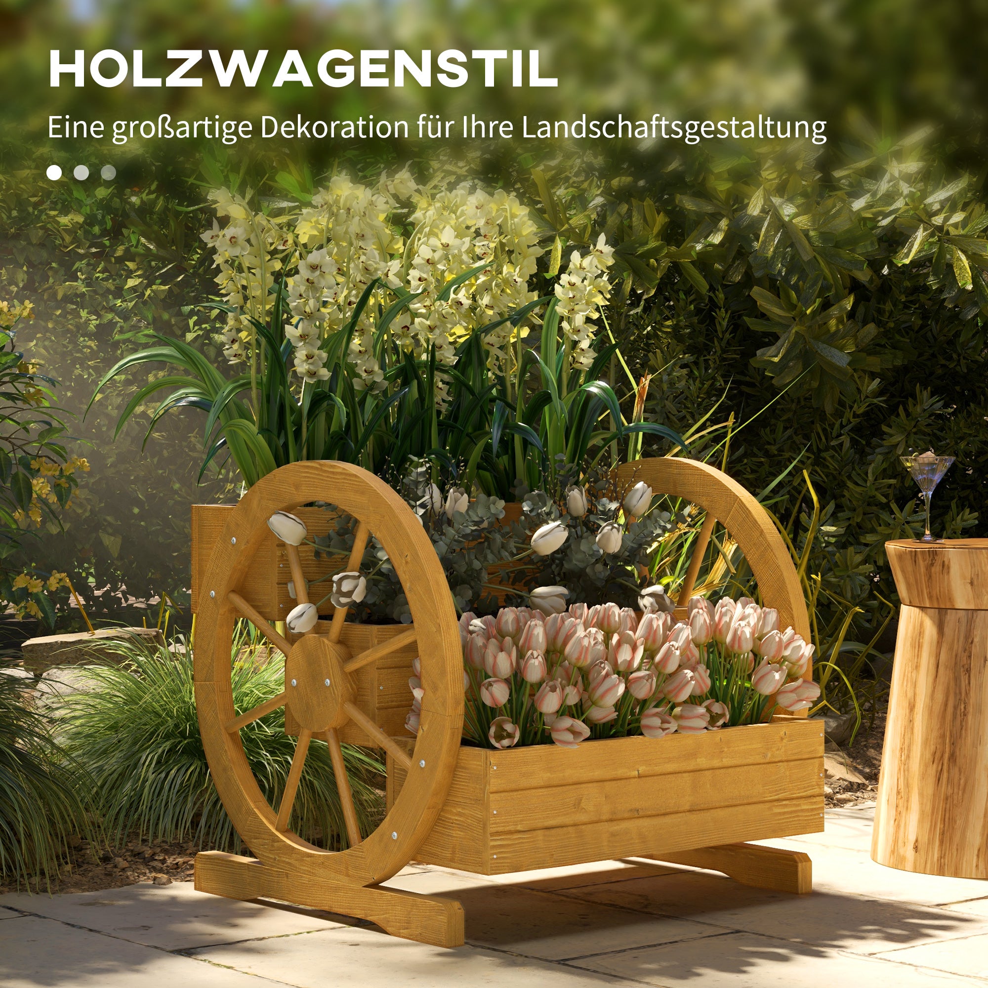 Wooden Raised Garden Bed, Planter Box with 3 Tiers, Vegetable Planter with Wagon Wheel Design, Herb Garden with Drainage Holes for Garden, Balcony, Teak, 61 x 62 x 57 cm