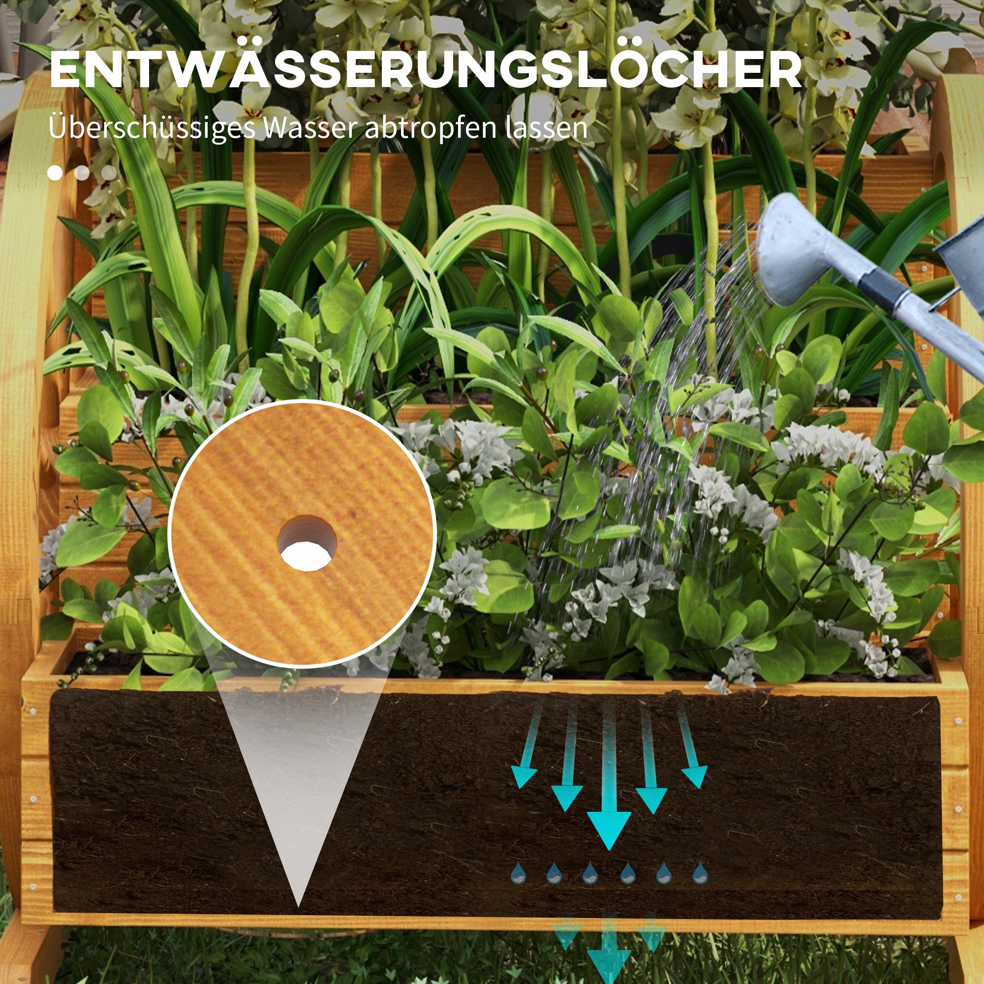 Wooden Raised Garden Bed, Planter Box with 3 Tiers, Vegetable Planter with Wagon Wheel Design, Herb Garden with Drainage Holes for Garden, Balcony, Teak, 61 x 62 x 57 cm