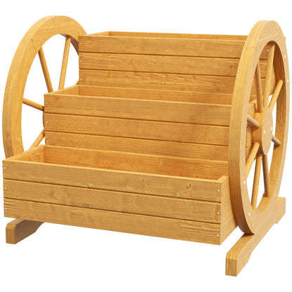 Wooden Raised Garden Bed, Planter Box with 3 Tiers, Vegetable Planter with Wagon Wheel Design, Herb Garden with Drainage Holes for Garden, Balcony, Teak, 61 x 62 x 57 cm