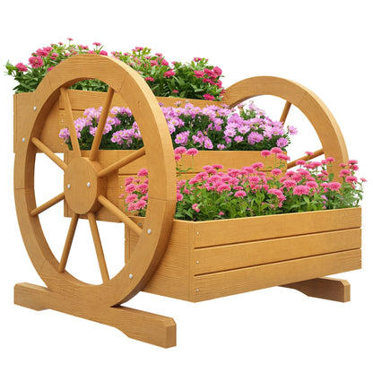 Wooden Raised Garden Bed, Planter Box with 3 Tiers, Vegetable Planter with Wagon Wheel Design, Herb Garden with Drainage Holes for Garden, Balcony, Teak, 61 x 62 x 57 cm