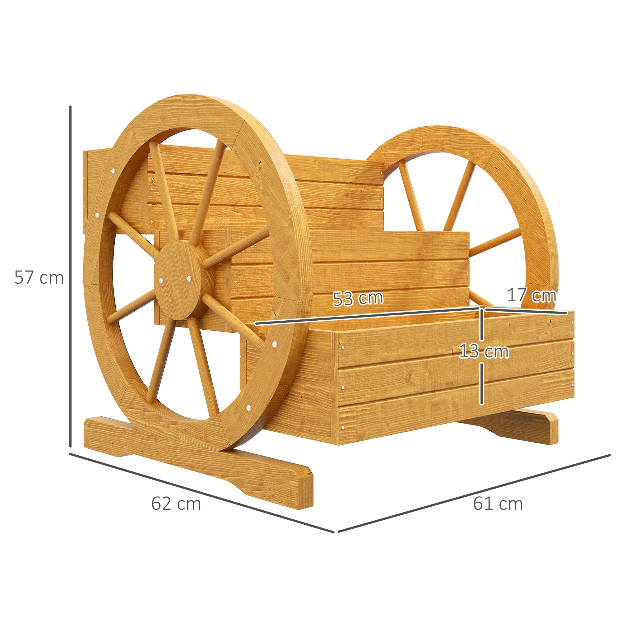 Wooden Raised Garden Bed, Planter Box with 3 Tiers, Vegetable Planter with Wagon Wheel Design, Herb Garden with Drainage Holes for Garden, Balcony, Teak, 61 x 62 x 57 cm