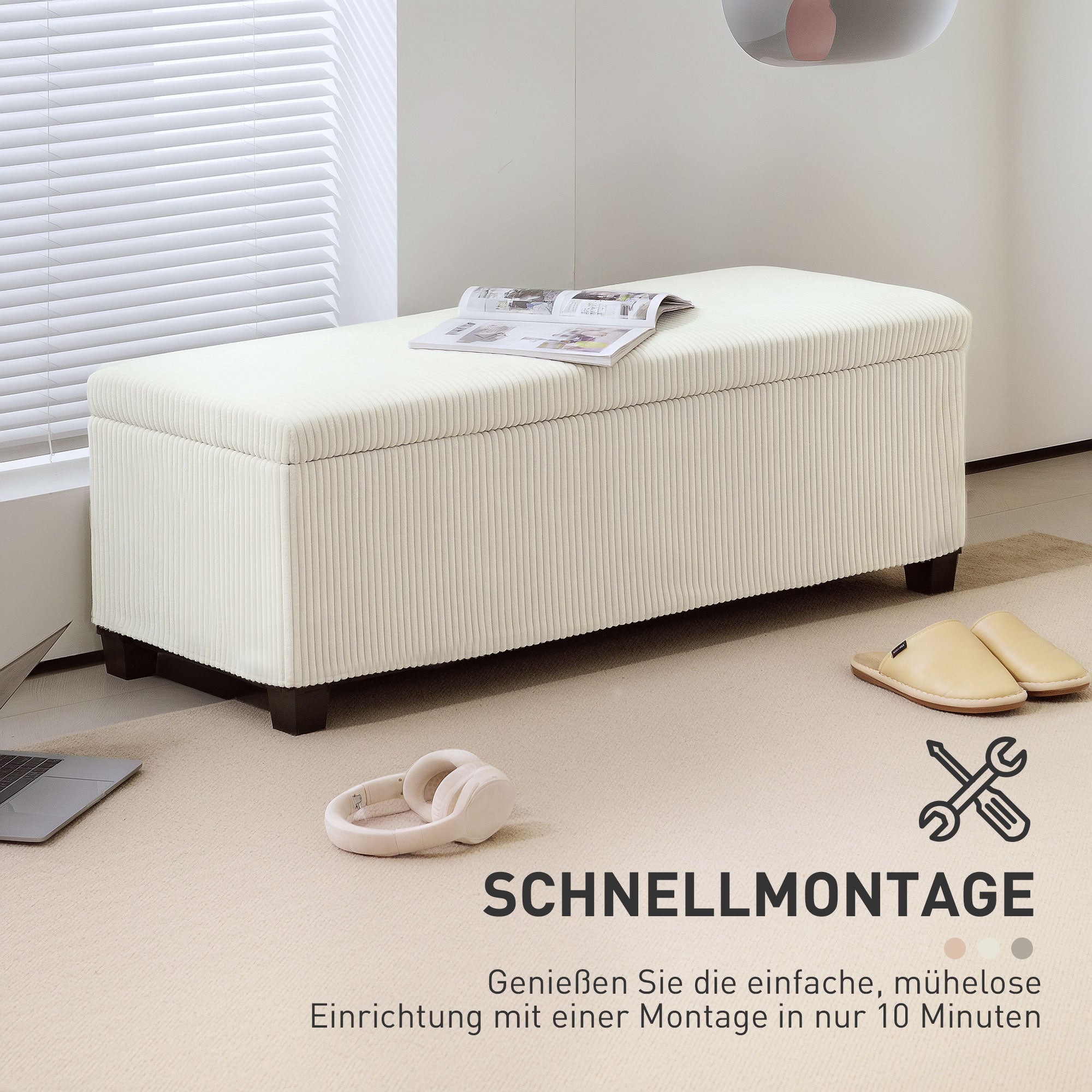 Storage Ottoman Bench with Corduroy Upholstery, Storage Chest with Steel Legs, Storage Bench for Living Room, Bedroom, Hallway 112 x 42 x 40 cm, Beige