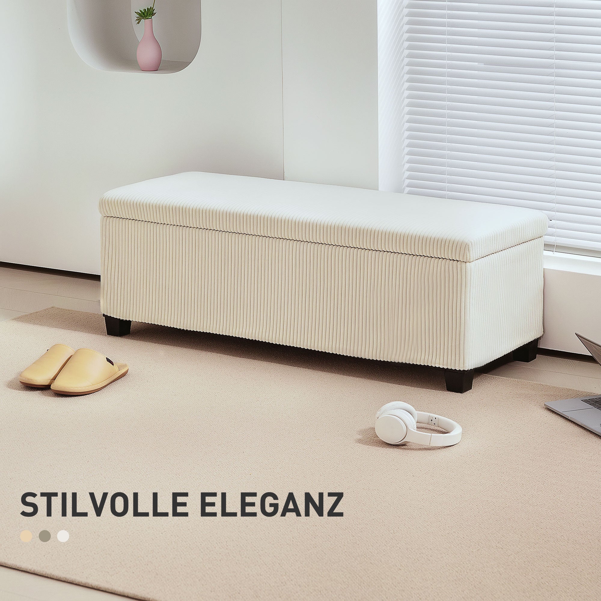 Storage Ottoman Bench with Corduroy Upholstery, Storage Chest with Steel Legs, Storage Bench for Living Room, Bedroom, Hallway 112 x 42 x 40 cm, Beige