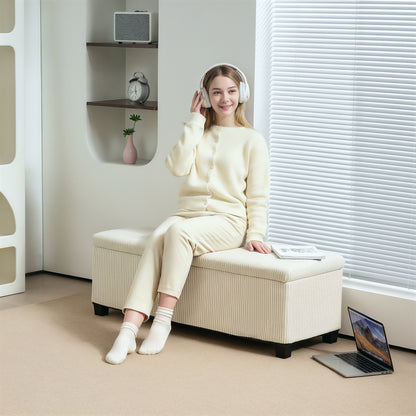 Storage Ottoman Bench with Corduroy Upholstery, Storage Chest with Steel Legs, Storage Bench for Living Room, Bedroom, Hallway 112 x 42 x 40 cm, Beige