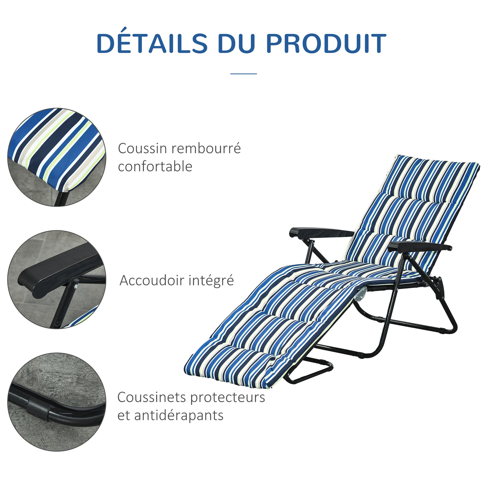 Folding Sun Lounger with 6-Position Adjustable Backrest, High Comfort, Mattress, and Armrests, Steel Polyester Multicolor