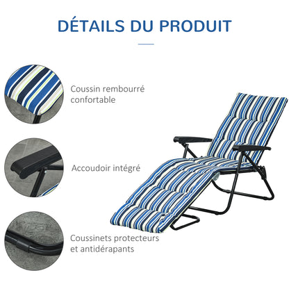 Folding Sun Lounger with 6-Position Adjustable Backrest, High Comfort, Mattress, and Armrests, Steel Polyester Multicolor