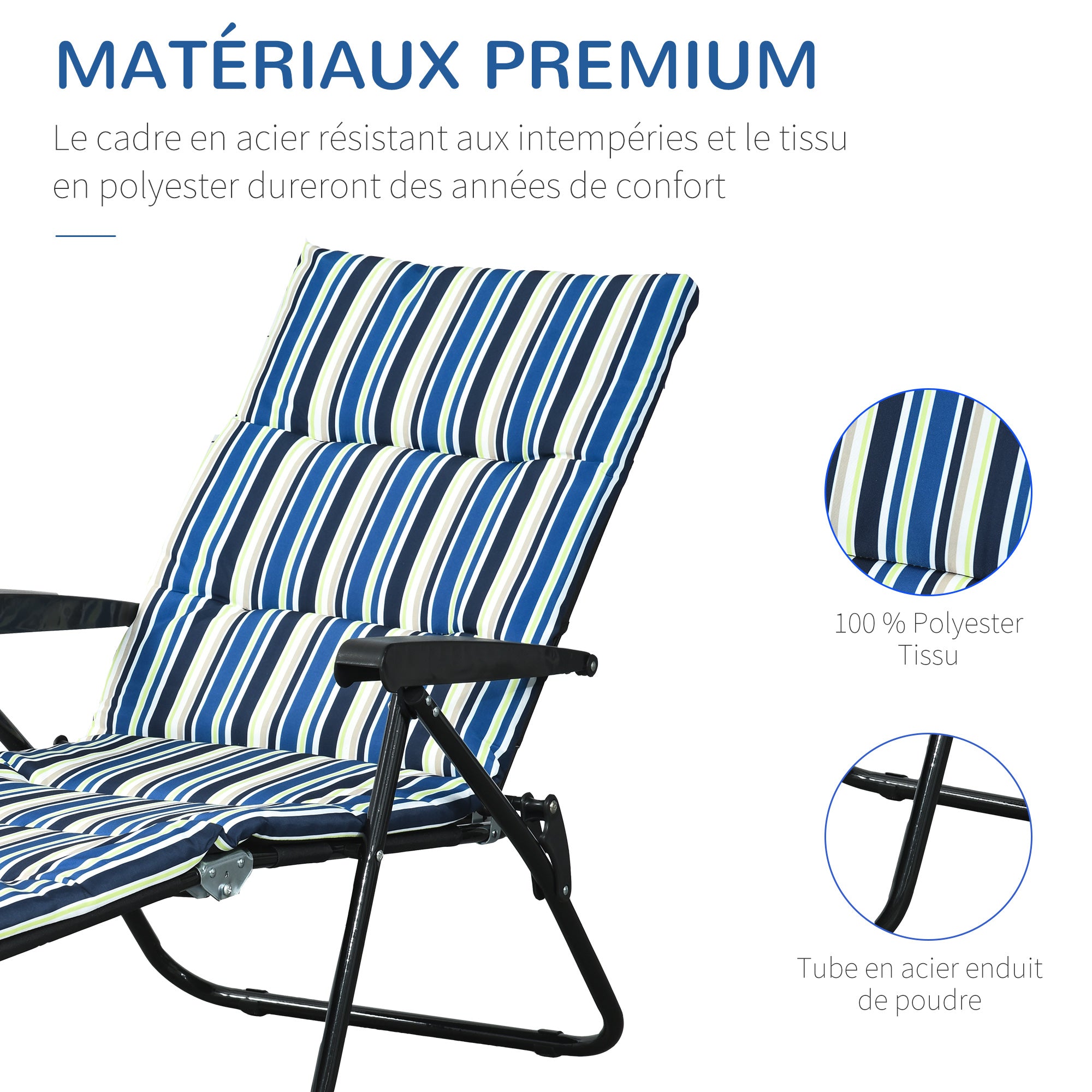 Folding Sun Lounger with 6-Position Adjustable Backrest, High Comfort, Mattress, and Armrests, Steel Polyester Multicolor