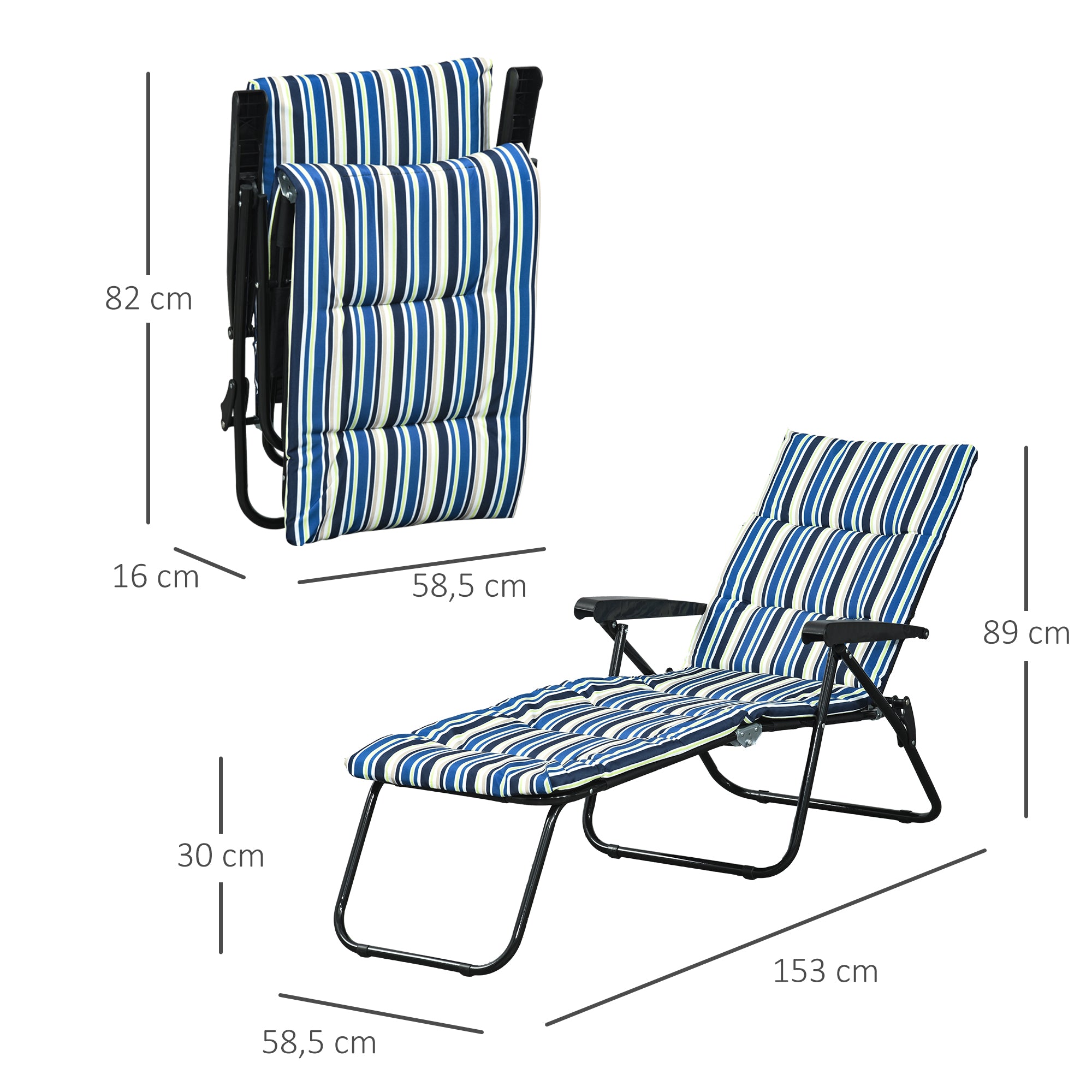 Folding Sun Lounger with 6-Position Adjustable Backrest, High Comfort, Mattress, and Armrests, Steel Polyester Multicolor