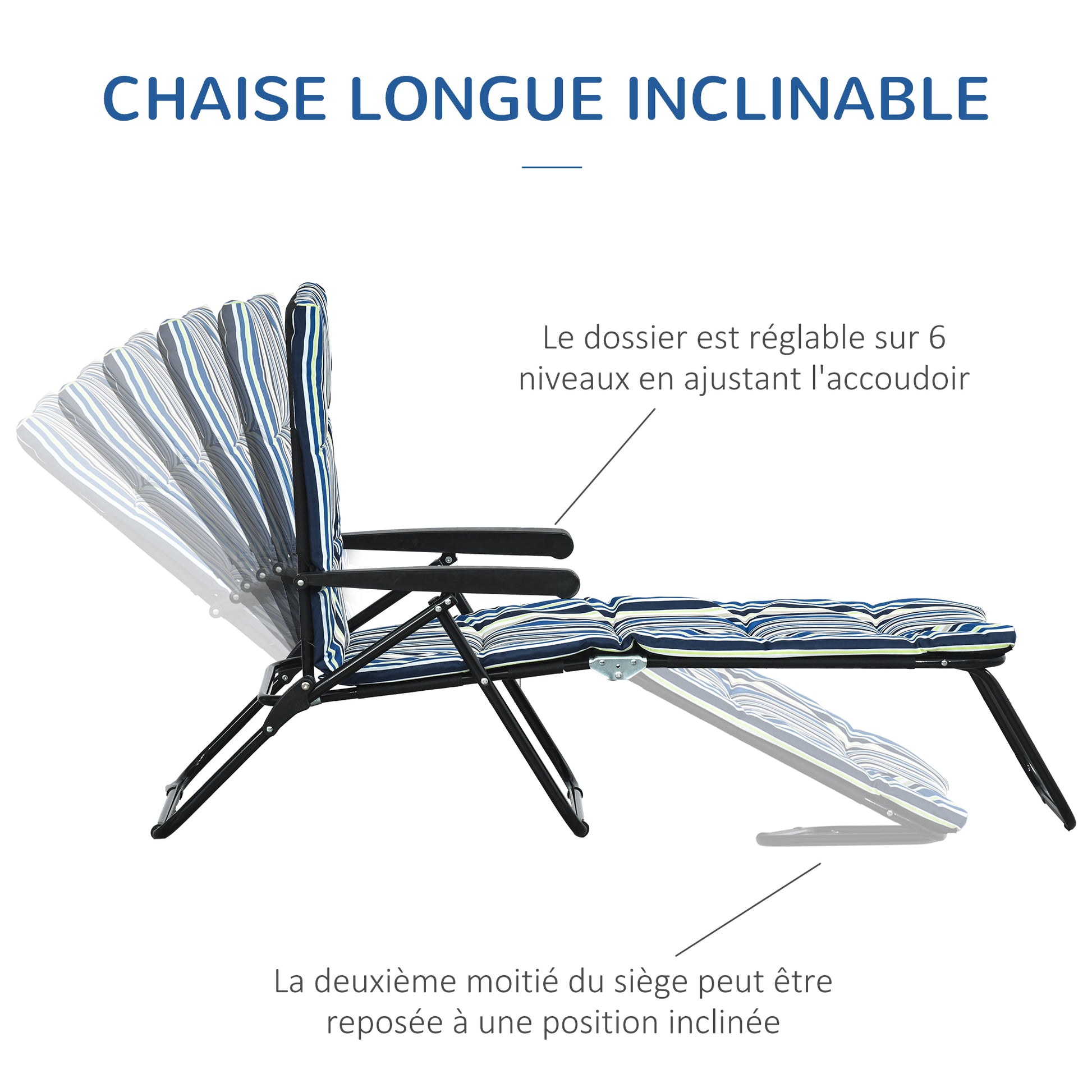Folding Sun Lounger with 6-Position Adjustable Backrest, High Comfort, Mattress, and Armrests, Steel Polyester Multicolor