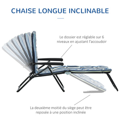 Folding Sun Lounger with 6-Position Adjustable Backrest, High Comfort, Mattress, and Armrests, Steel Polyester Multicolor