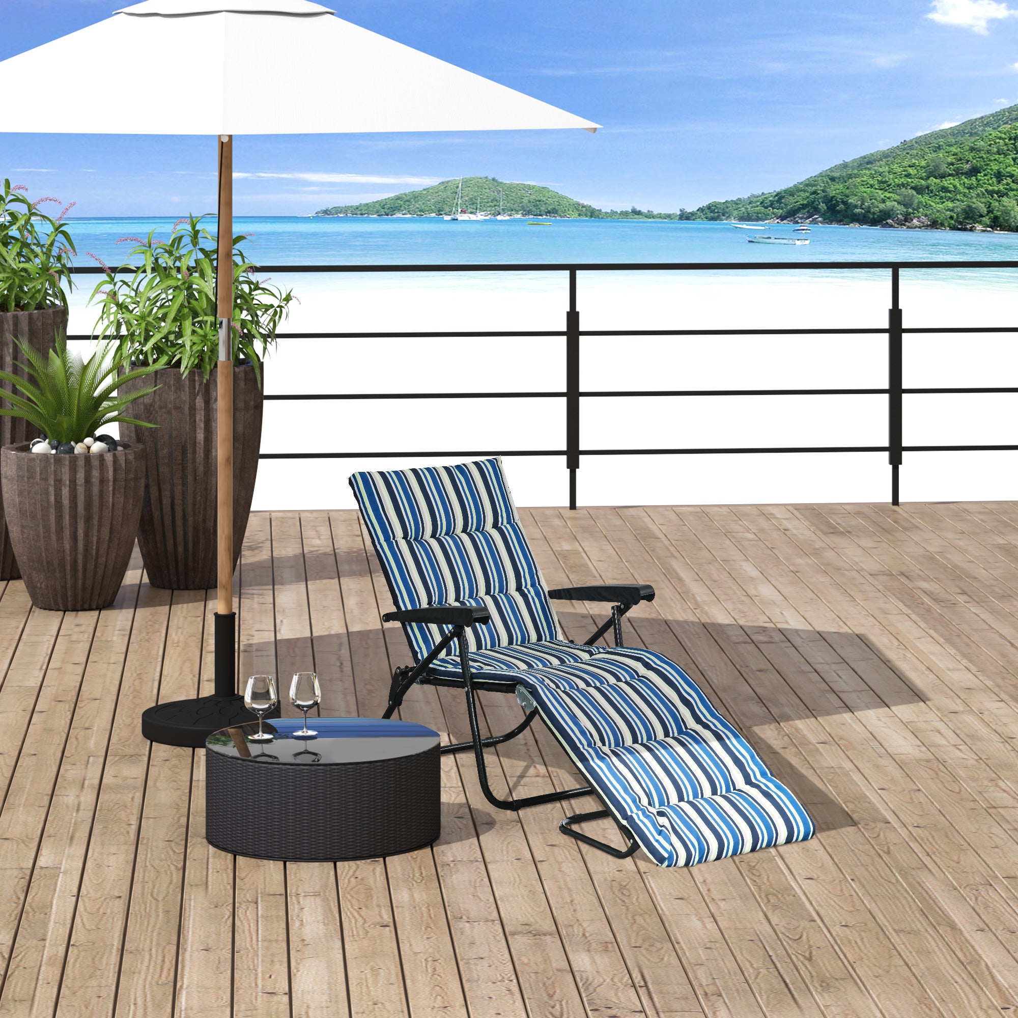 Folding Sun Lounger with 6-Position Adjustable Backrest, High Comfort, Mattress, and Armrests, Steel Polyester Multicolor