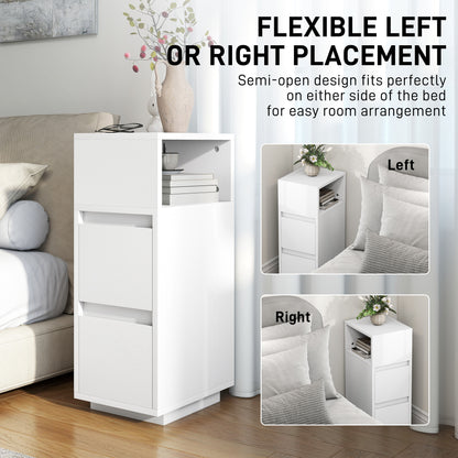 Set of 2 Slim Tall Nightstands with 2 Drawers & Open Shelf — Space-Saving Modern Bedside Tables for Bedroom & Living Room, 9.8x11.8x25.6 in, White