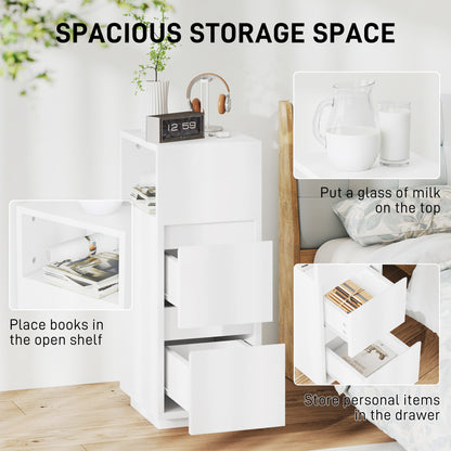 Set of 2 Slim Tall Nightstands with 2 Drawers & Open Shelf — Space-Saving Modern Bedside Tables for Bedroom & Living Room, 9.8x11.8x25.6 in, White