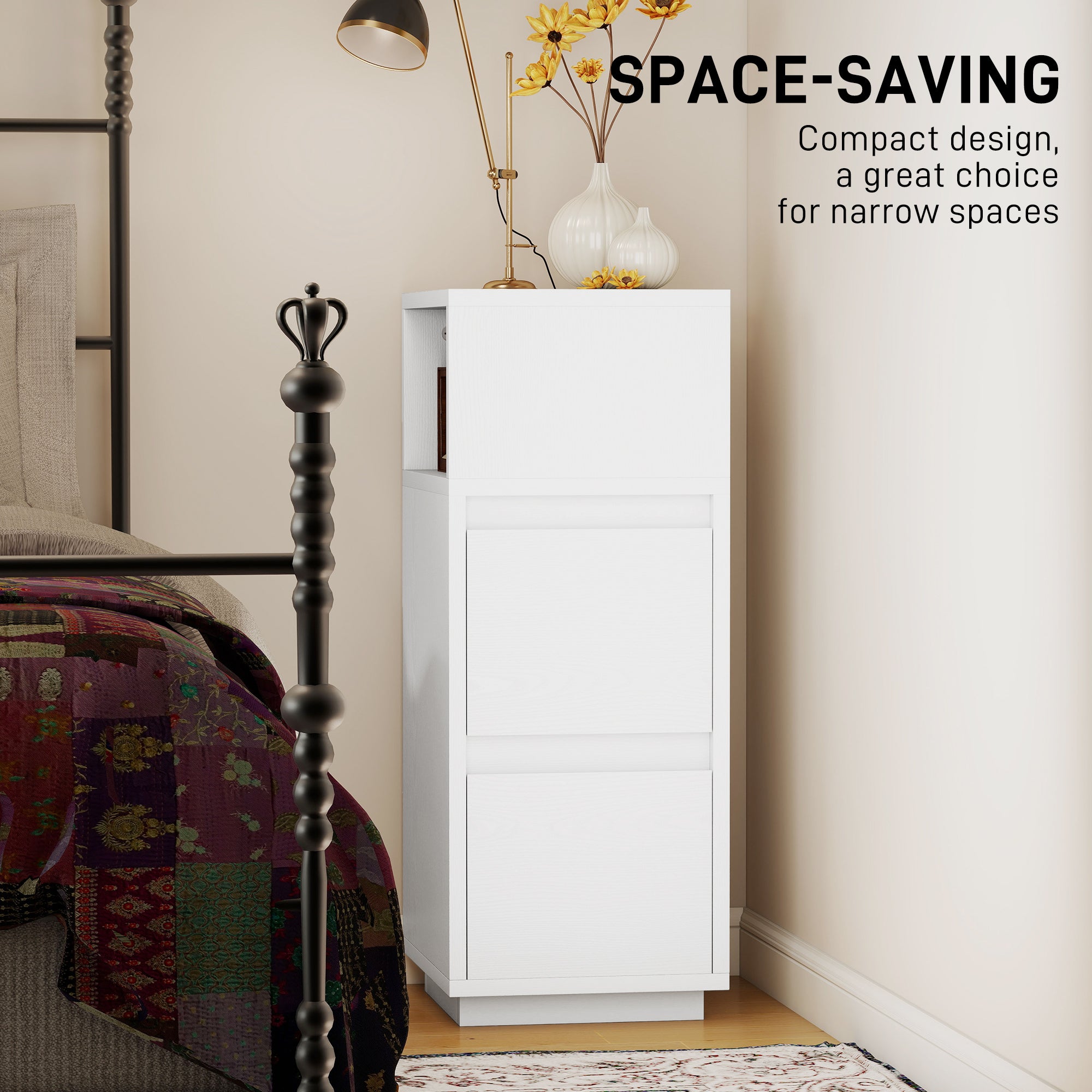 Set of 2 Slim Tall Nightstands with 2 Drawers & Open Shelf — Space-Saving Modern Bedside Tables for Bedroom & Living Room, 9.8x11.8x25.6 in, White