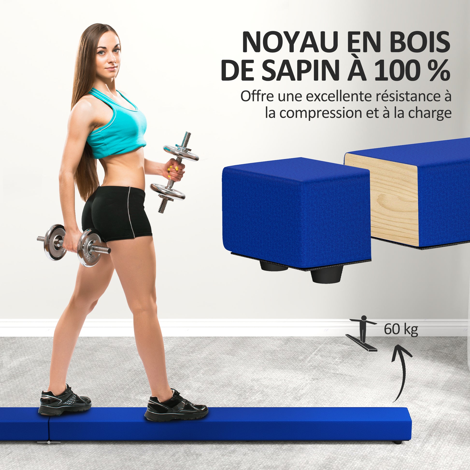 SPORTNOW Foldable Gymnastics Beam 210 cm in Velvet, Balance Beam with Non-Slip Base, Gymnastics Training Equipment for Kids and Adults, Blue