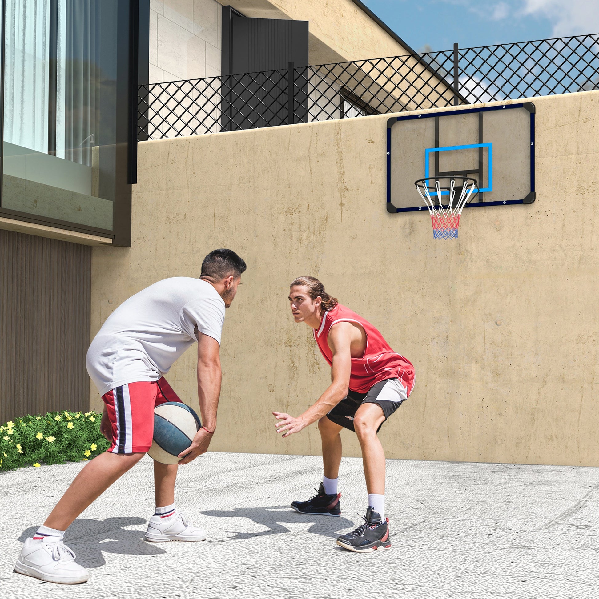 SPORTNOW Basketball Hoop with Backboard, Outdoor Basketball Board with Ø45 cm Steel Rim and Net, Wall Mounted, Basketball Board for Kids Teenagers Adults, Blue