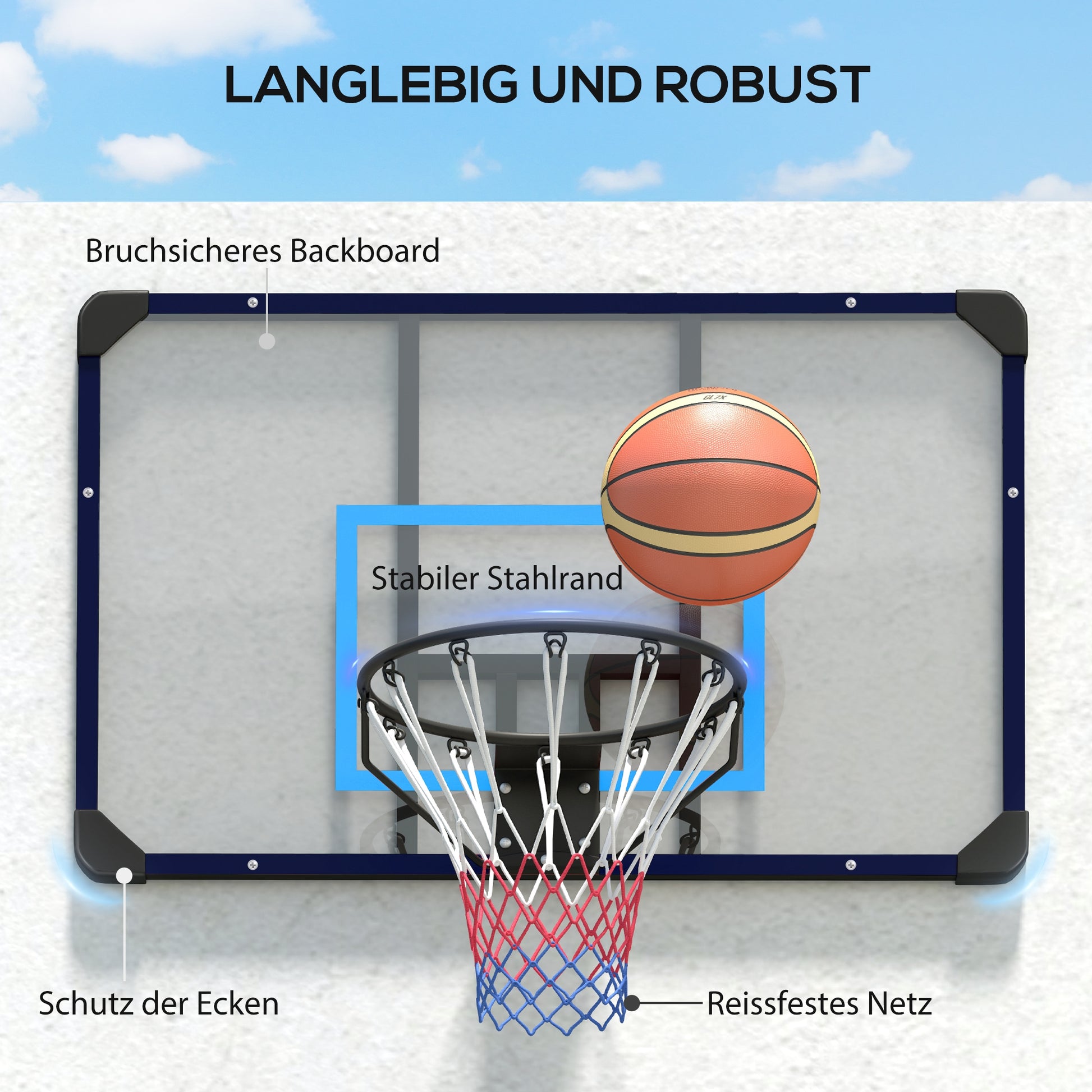 SPORTNOW Basketball Hoop with Backboard, Outdoor Basketball Board with Ø45 cm Steel Rim and Net, Wall Mounted, Basketball Board for Kids Teenagers Adults, Blue