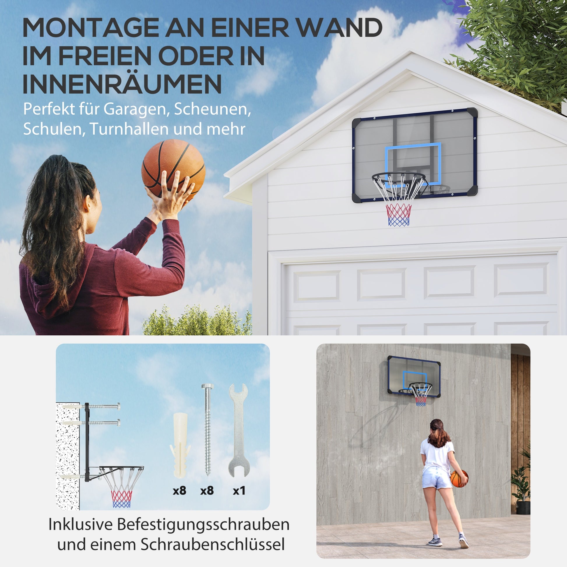 SPORTNOW Basketball Hoop with Backboard, Outdoor Basketball Board with Ø45 cm Steel Rim and Net, Wall Mounted, Basketball Board for Kids Teenagers Adults, Blue