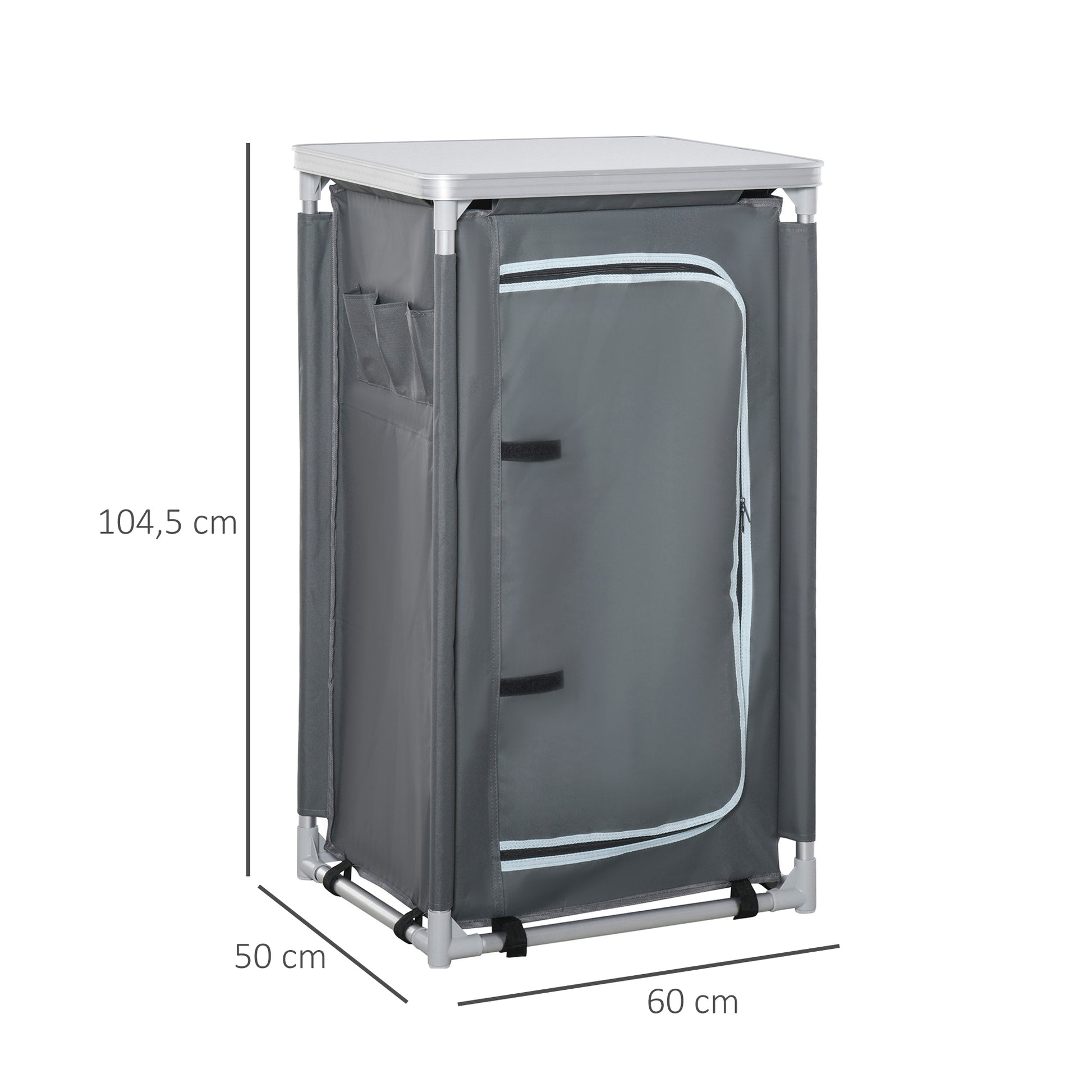 Foldable Camping Cabinet Portable Kitchen Box with Work Surface Carry Bag 3 Shelves 600D Oxford Fabric Gray 60 x 50 x 104.5 cm