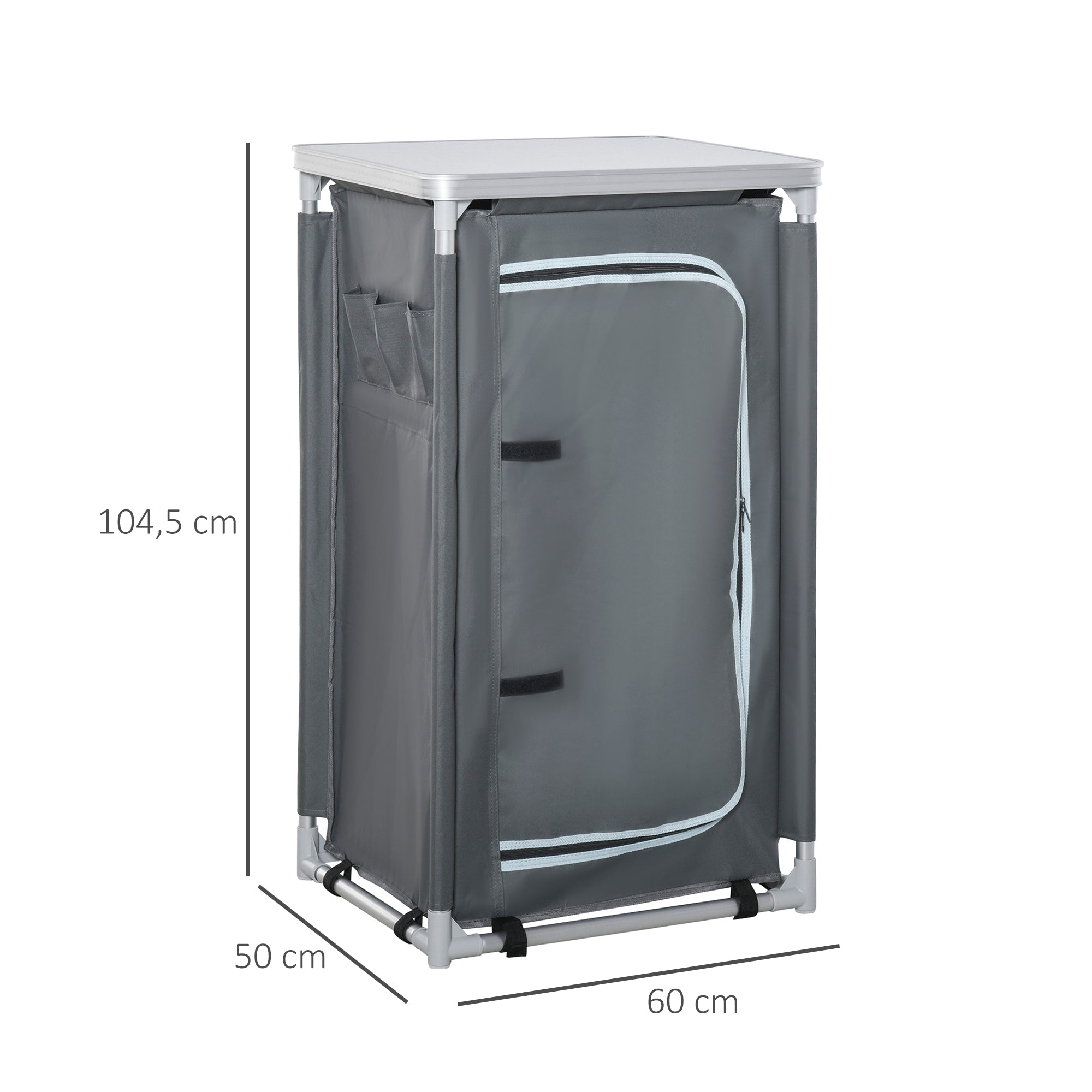 Foldable Camping Cabinet Portable Kitchen Box with Work Surface Carry Bag 3 Shelves 600D Oxford Fabric Gray 60 x 50 x 104.5 cm