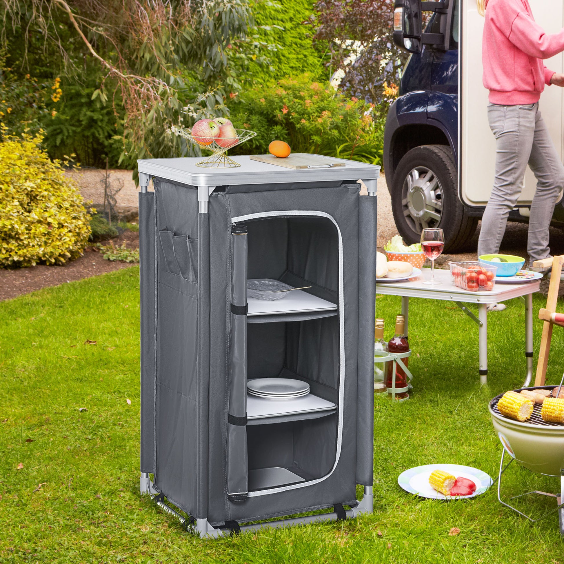 Foldable Camping Cabinet Portable Kitchen Box with Work Surface Carry Bag 3 Shelves 600D Oxford Fabric Gray 60 x 50 x 104.5 cm