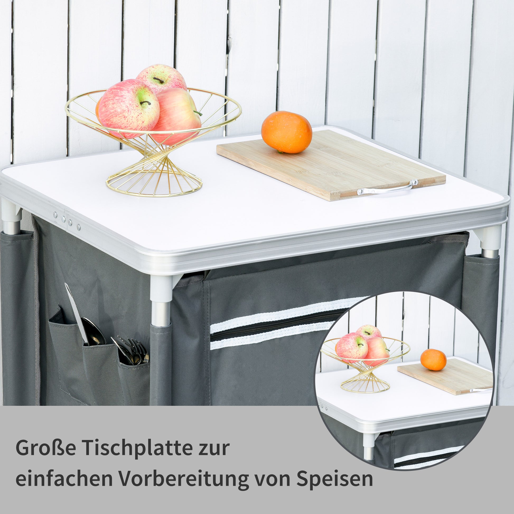 Foldable Camping Cabinet Portable Kitchen Box with Work Surface Carry Bag 3 Shelves 600D Oxford Fabric Gray 60 x 50 x 104.5 cm