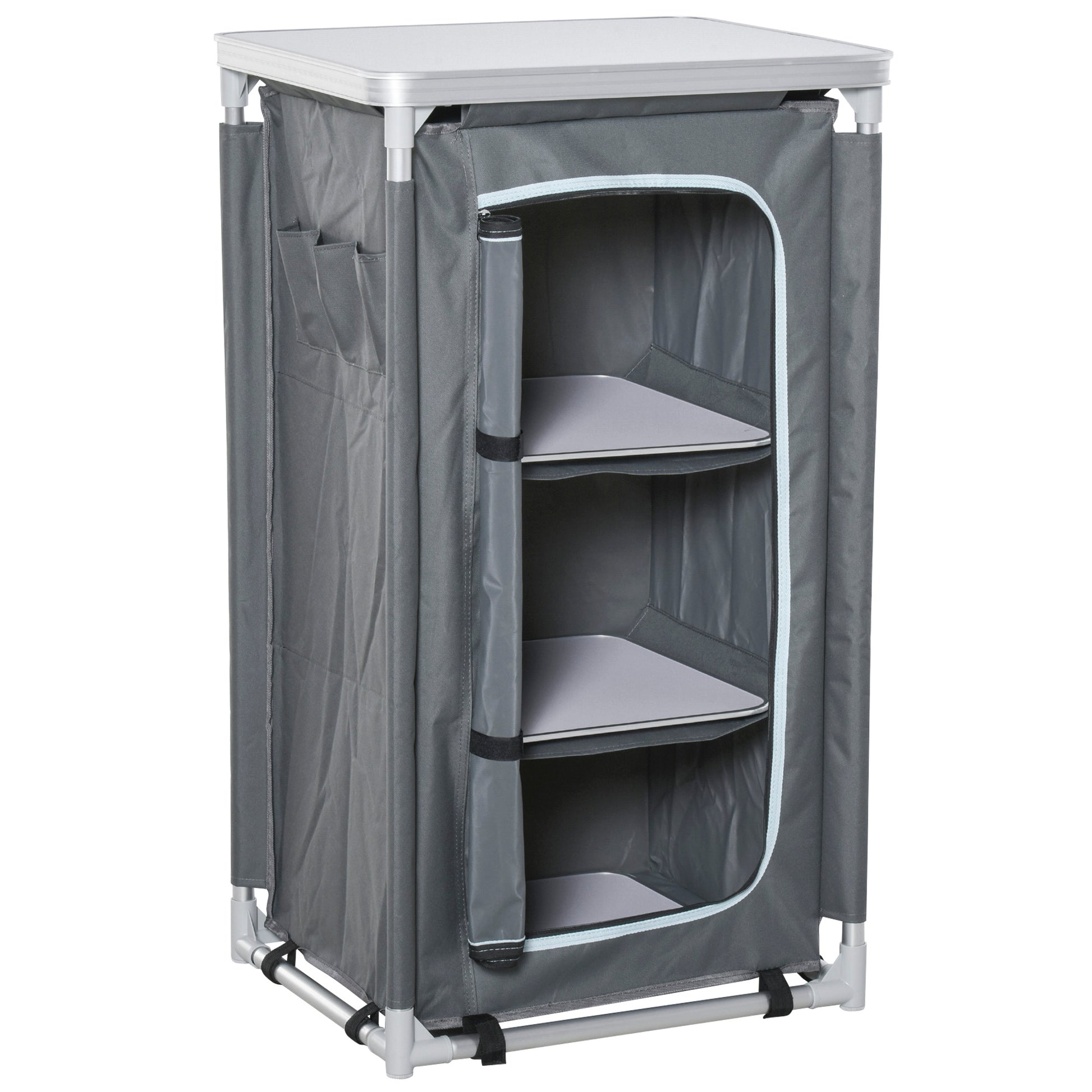 Foldable Camping Cabinet Portable Kitchen Box with Work Surface Carry Bag 3 Shelves 600D Oxford Fabric Gray 60 x 50 x 104.5 cm