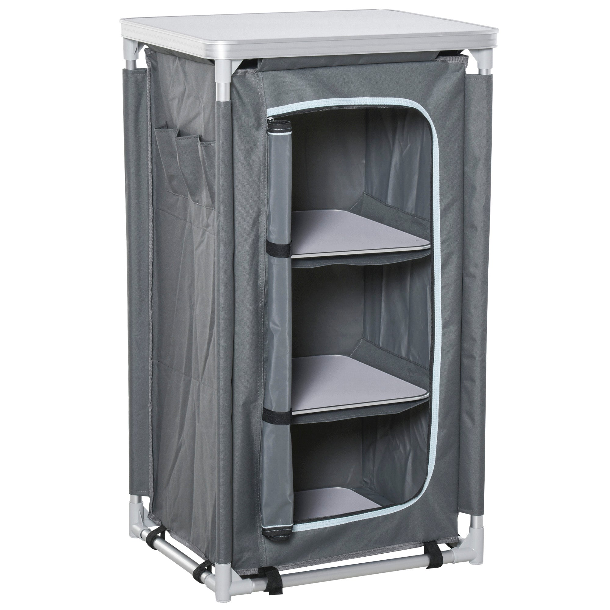 Foldable Camping Cabinet Portable Kitchen Box with Work Surface Carry Bag 3 Shelves 600D Oxford Fabric Gray 60 x 50 x 104.5 cm