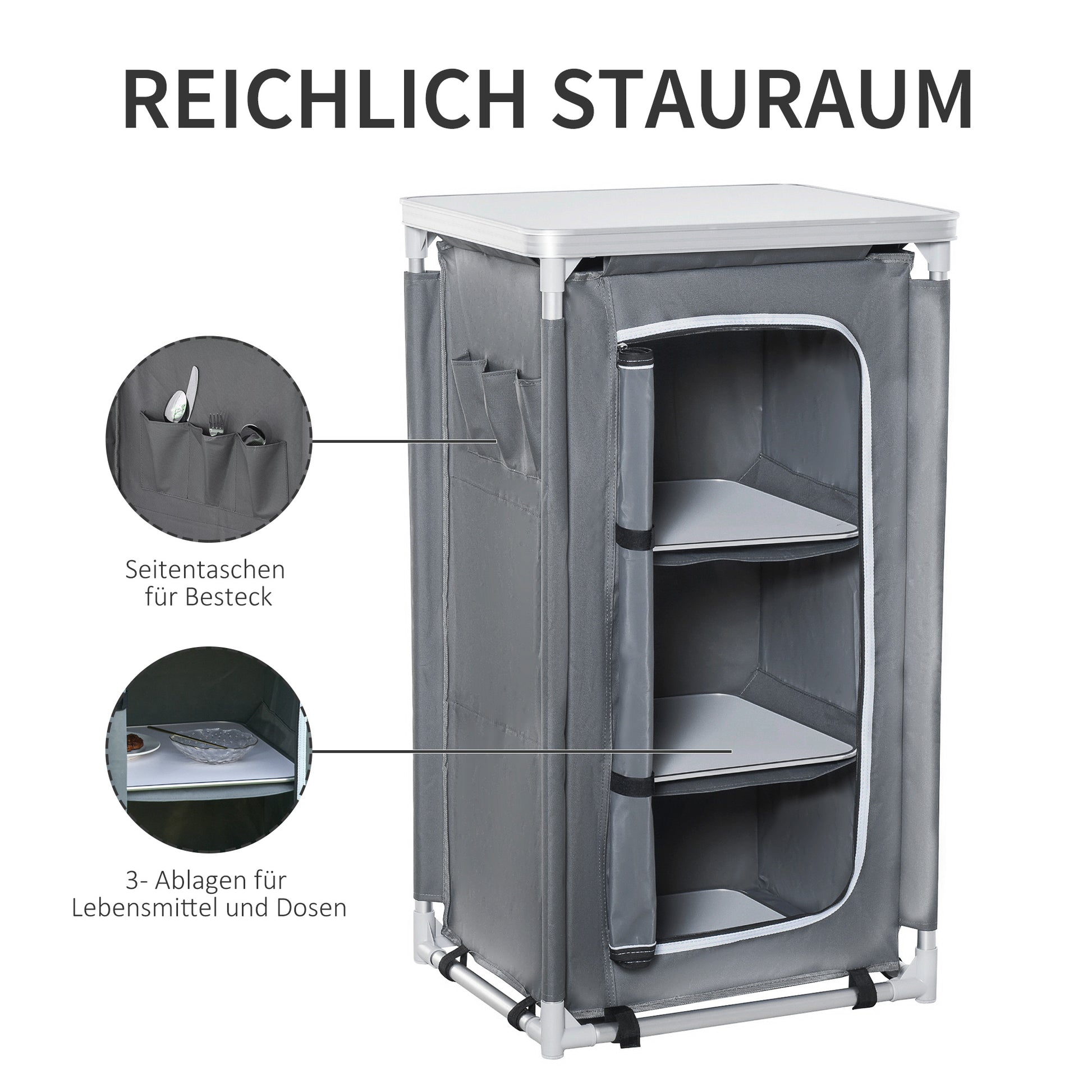 Foldable Camping Cabinet Portable Kitchen Box with Work Surface Carry Bag 3 Shelves 600D Oxford Fabric Gray 60 x 50 x 104.5 cm