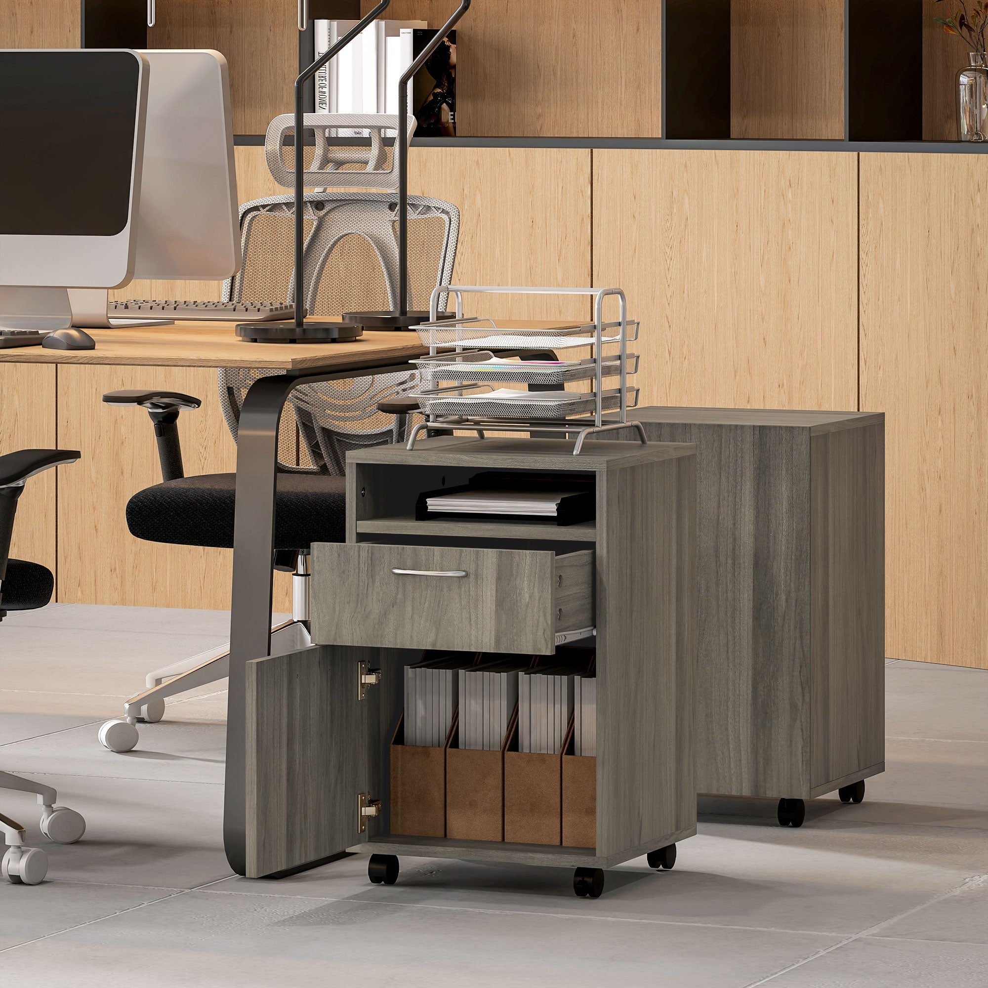 Office File Cabinet with Drawer, Cupboard, Locking Casters & Open Shelf — Fits Letter/Legal/A4, 15.7"x13.8"x23.6", Gray