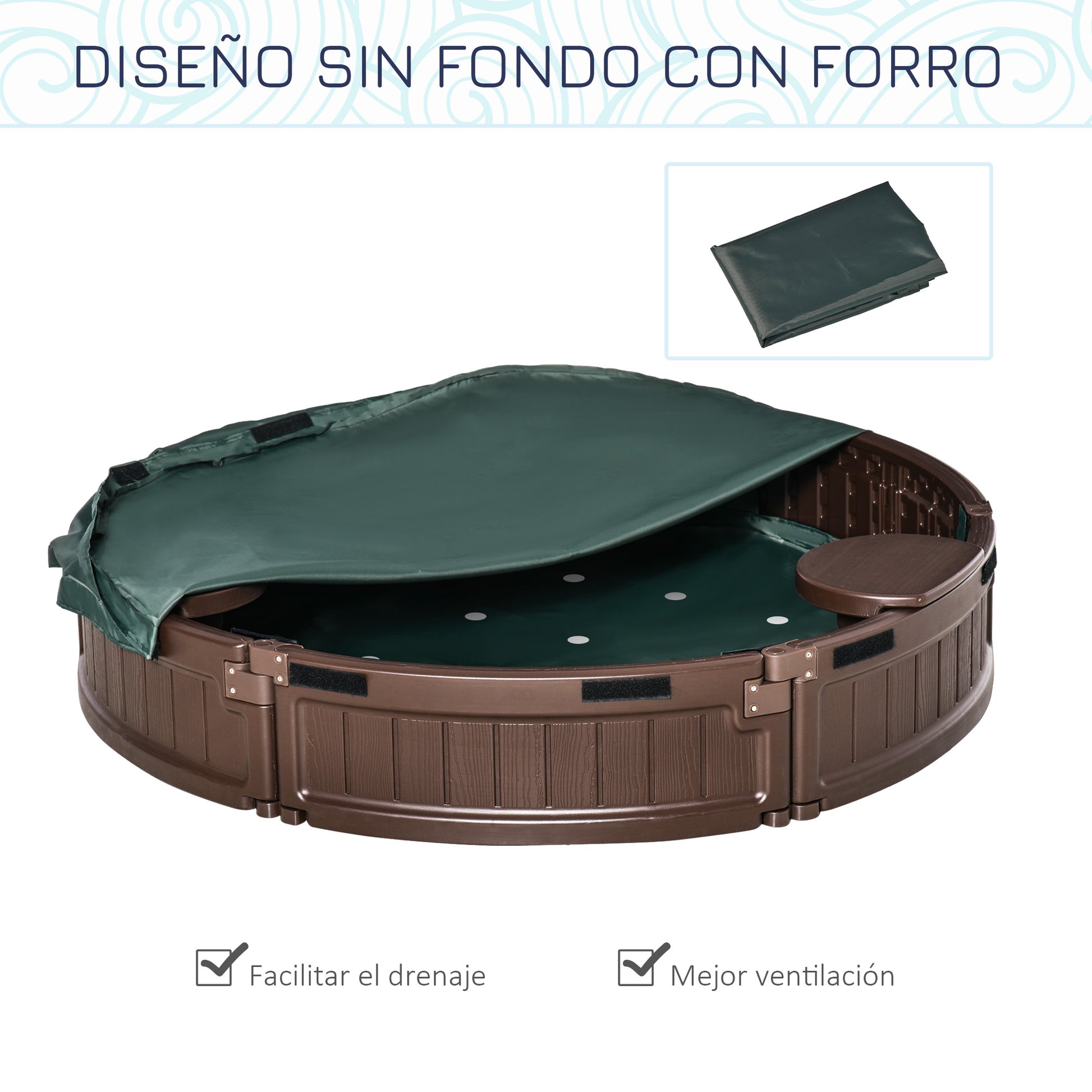 Sandbox for Kids 3+ Years Round Kids Sandbox with Cover and Seats Outdoor Sandbox Ø123x22.5 cm Brown