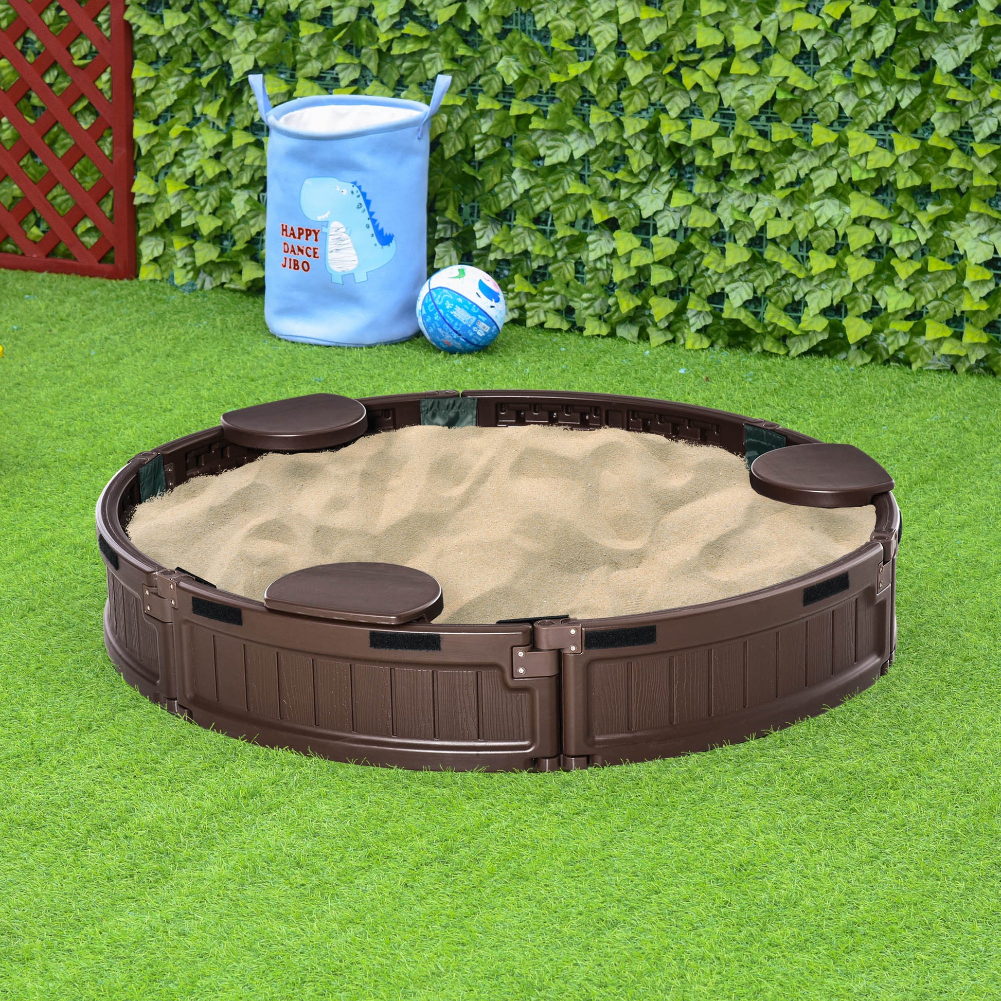 Sandbox for Kids 3+ Years Round Kids Sandbox with Cover and Seats Outdoor Sandbox Ø123x22.5 cm Brown