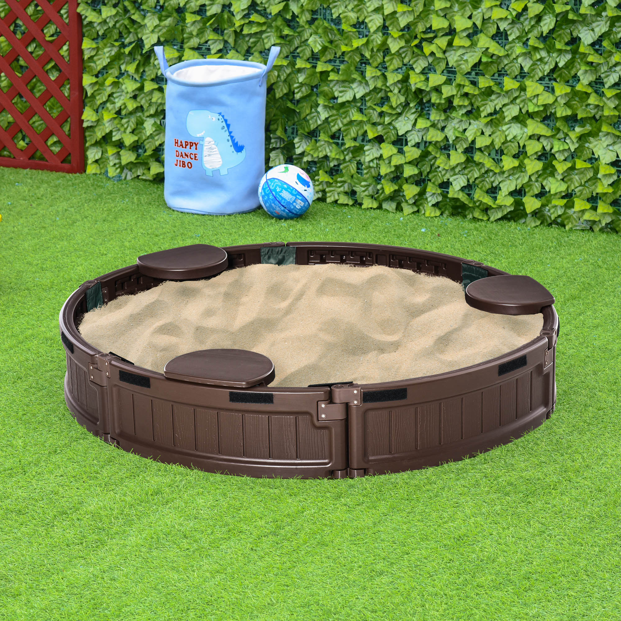 Sandbox for Kids 3+ Years Round Kids Sandbox with Cover and Seats Outdoor Sandbox Ø123x22.5 cm Brown