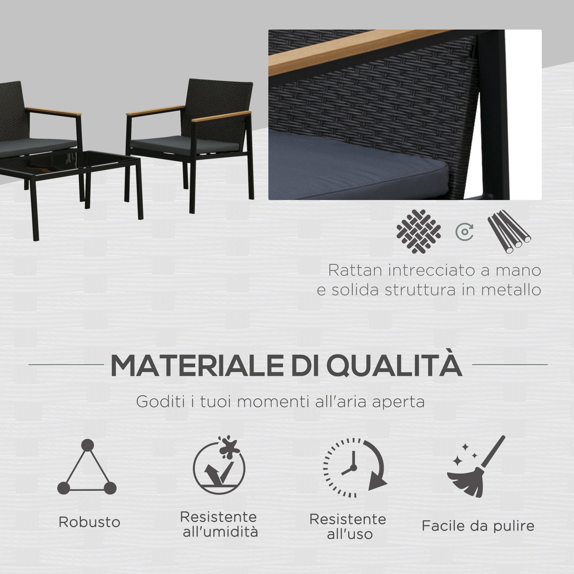 4-Piece Outdoor Lounge Set with 2 Chairs, Sofa and Coffee Table Garden Furniture in Black Rattan and Steel
