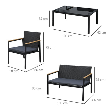 4-Piece Outdoor Lounge Set with 2 Chairs, Sofa and Coffee Table Garden Furniture in Black Rattan and Steel