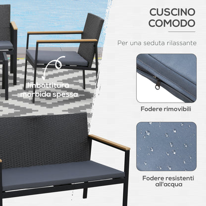 4-Piece Outdoor Lounge Set with 2 Chairs, Sofa and Coffee Table Garden Furniture in Black Rattan and Steel