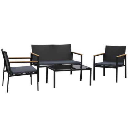 4-Piece Outdoor Lounge Set with 2 Chairs, Sofa and Coffee Table Garden Furniture in Black Rattan and Steel