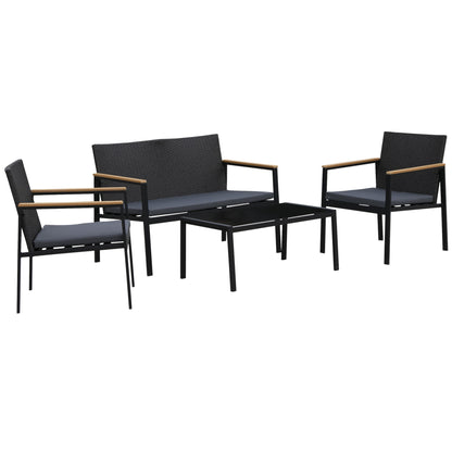 4-Piece Outdoor Lounge Set with 2 Chairs, Sofa and Coffee Table Garden Furniture in Black Rattan and Steel