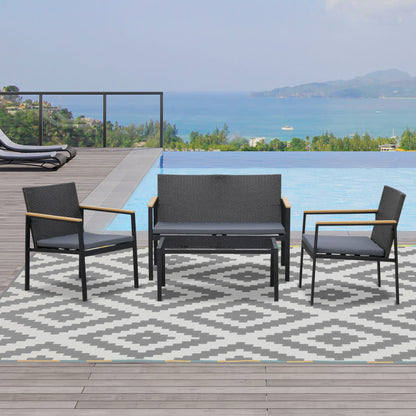 4-Piece Outdoor Lounge Set with 2 Chairs, Sofa and Coffee Table Garden Furniture in Black Rattan and Steel