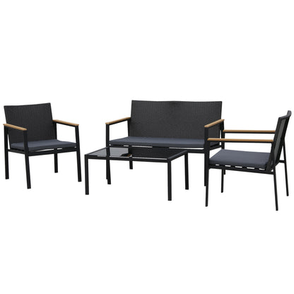 4-Piece Outdoor Lounge Set with 2 Chairs, Sofa and Coffee Table Garden Furniture in Black Rattan and Steel